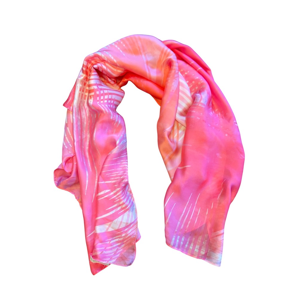 Max Studio Pink Orange Palm Leaf Print Square Scarf Tropical Silky 40" X 41"